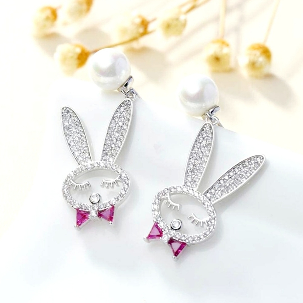 Silver plated pink white crystal pearl Bunny bow tie earrings with silver post
